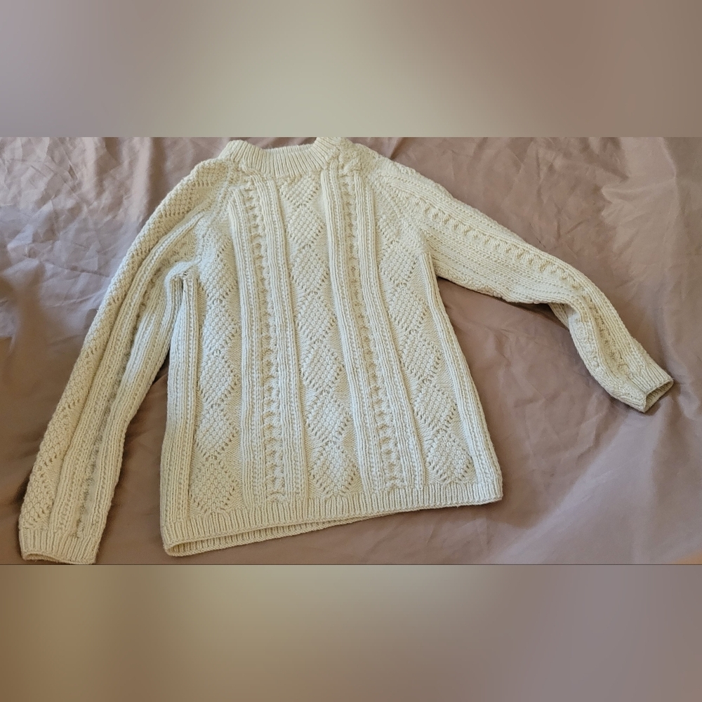Irish cable-knit sweater  100% wool  Light Ivory Ecru White Cream  Aran Island